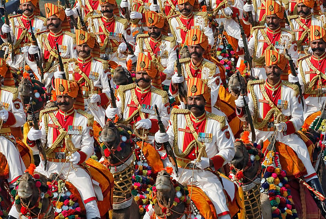 Indian Border Security Force (BSF) soldiers ride their camels during the Republic Day parade in New Delhi, India on 26 January 2019. Photo: Reuters