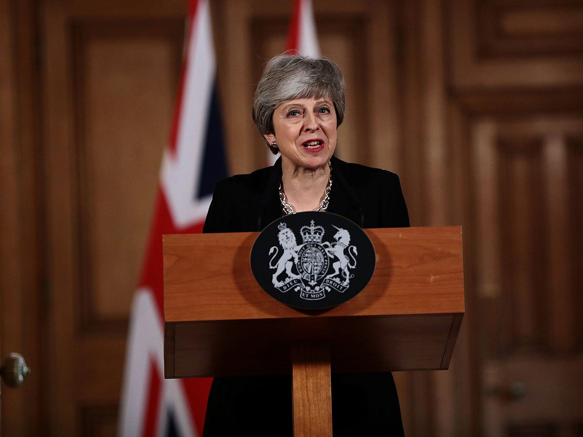British prime minister Theresa May gives a news conference after a cabinet meeting following yesterday`s alternative Brexit options vote, outside Downing Street, London, Britain on 2 April 2019. Photo: Reuters