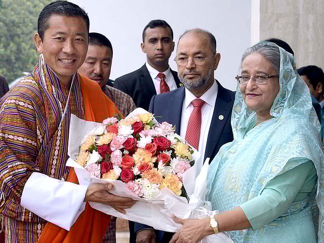 Bhutanese prime minister Lotay Tshering calls on president Abdul Hamid at Bangabhaban on Saturday.  Photo: PID