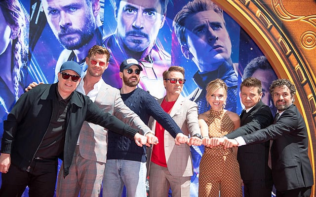President of Marvel Studios/producer Kevin Feige, actors Chris Hemsworth, Chris Evans, Robert Downey Jr, Scarlett Johansson, Mark Ruffalo and Jeremy Renner attends the Marvel Studios’ ‘Avengers: Endgame’ cast place their hand prints in cement at TCL Chinese Theatre IMAX Forecourt on 23 April, in Hollywood, California. Photo: AFP