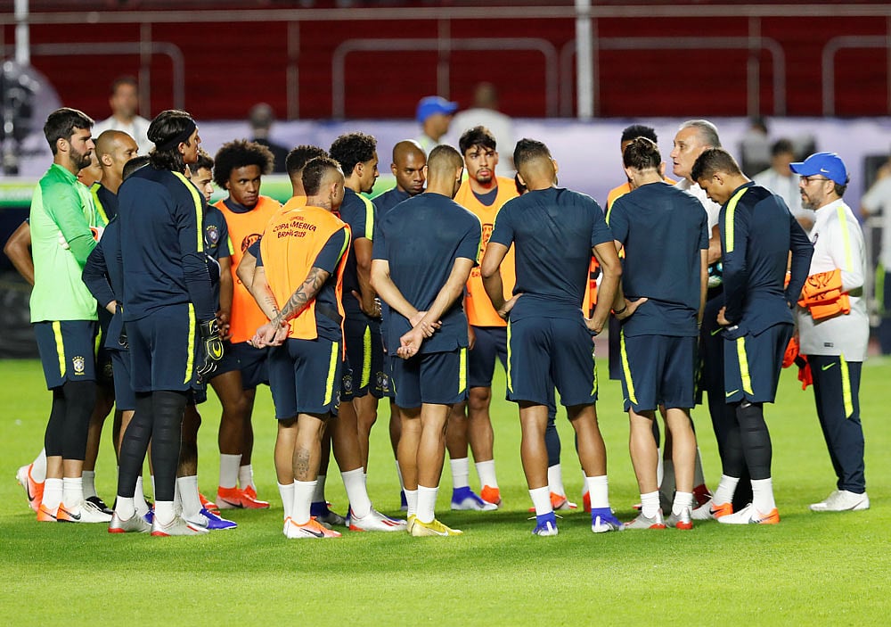 Brazil coach Tite and his team during training before the Copa America match at Morumbi Stadium, Sao Paulo, Brazil on 13 June 2019. Photo: Reuters