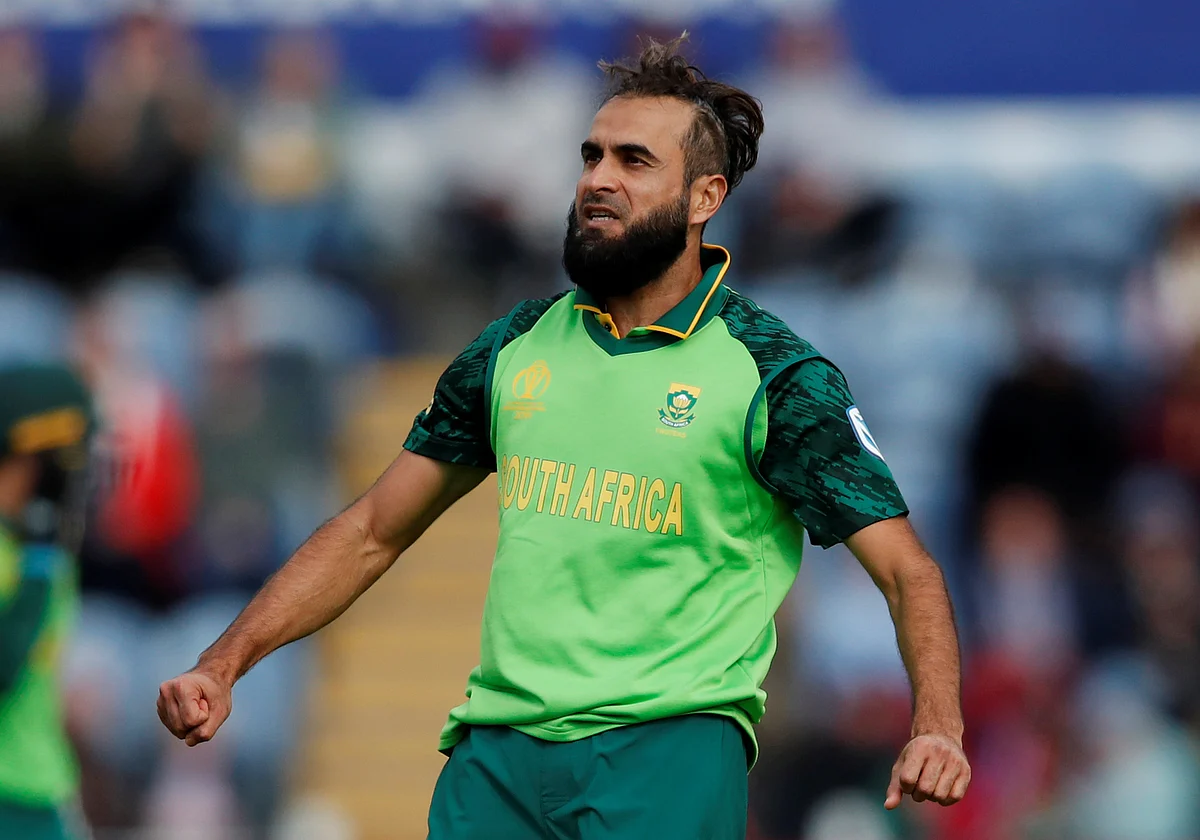 South Africa`s Imran Tahir celebrates taking the wicket of Afghanistan`s Rashid Khan at Cardiff Wales Stadium, Cardiff, Britain on 15 June 15, 2019. Photo: Reuters
