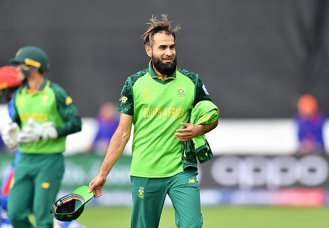 South Africa`s Imran Tahir reacts after taking a wicket during the 2019 Cricket World Cup group stage match between South Africa and Afghanistan at Sophia Gardens stadium in Cardiff, south Wales, on 15 June, 2019. Photo: AFP