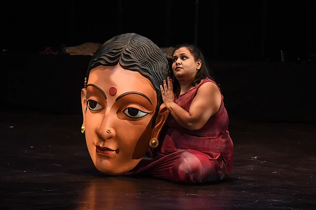 In this photo taken on 24 August 2019, performers take part in a production of the show `Head 2 Head` in a theatre at the Indian Habitat Centre in New Delhi. Head 2 Head, a retelling of Girish Karnad’s Hayavadana, is produced by the Bangalore-based The Big Fat Company -- a theatre group that aims to only cast plus-size actors in its productions. Photo: AFP