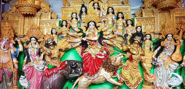 Idols are seen at the Shikderbari Puja Mandap, regarded as one of the biggest mandaps in South Asia. Photo: UNB