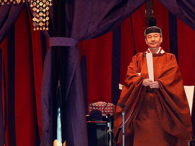 Emperor Naruhito attends a ceremony to proclaim his enthronement to the world, called Sokuirei-Seiden-no-gi, at the Imperial Palace in Tokyo, Japan on 22 October 2019. Photo: AFP