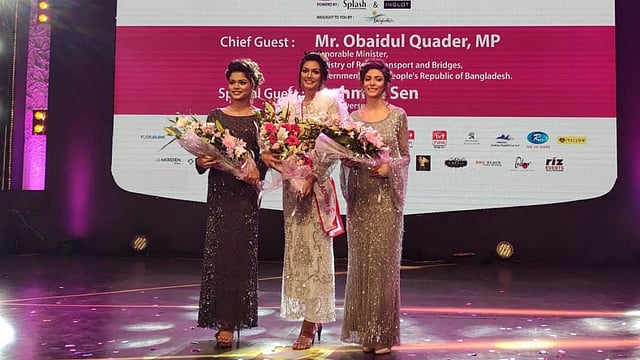 Fist Miss Universe Bangladesh Shirin Akter Shela with first and runners-up Alisha Islam and Jessia Islam in Dhaka on Wednesday. Photo: Sara Fairuz Zaima