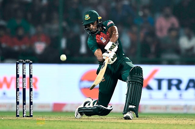 Bangladesh`s Mahmudullah plays a shot during the first T20 international cricket match of a three-match series between Bangladesh and India, at Arun Jaitley Cricket Stadium in New Delhi on 3 November 2019. Photo: AFP