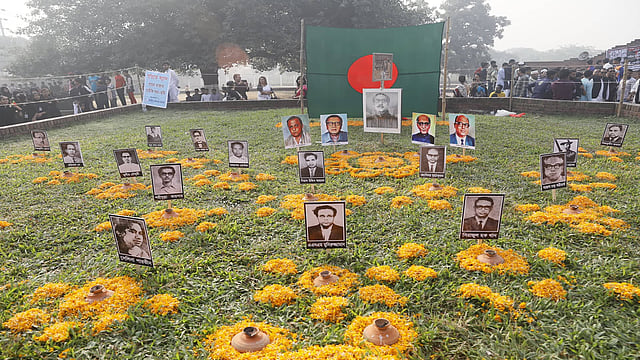 Flowers placed at the Martyred Intellectuals Memorial in Mirpur, Dhaka on 14 December 2019 to commemorate the Bangalee intellectuals killed by the Pakistan forces during the 1971 genocide. Photo: Tanvir Ahmed