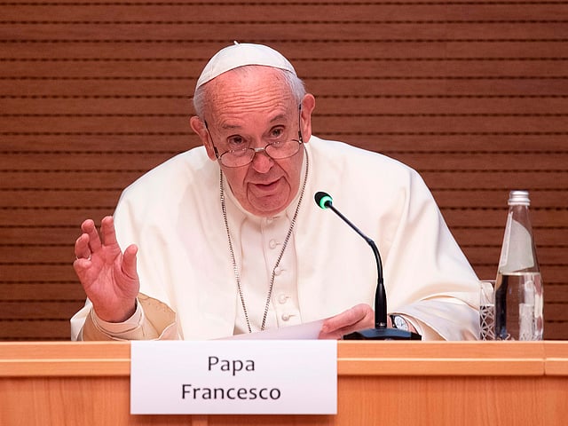 Pope Francis speaks during the presentation of the writings of his late spiritual father, Jesuit prelate Miguel Angel Fiorito, on 13 December. Photo: AFP