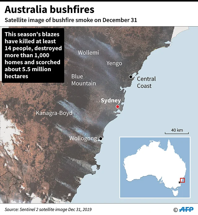 Satellite map showing bushfire smoke in Australia`s New South Wales and Victoria states. AFP