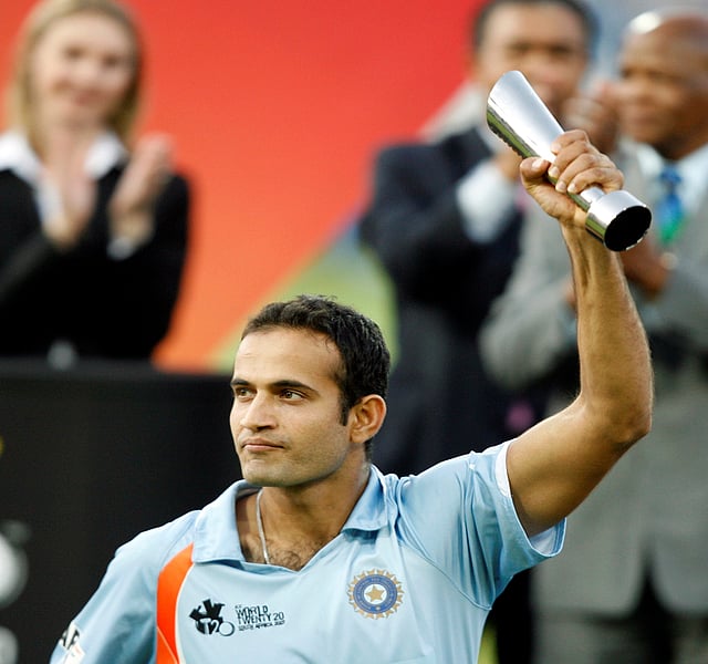 India's Irfan Pathan holds the Man of Match trophy after his team defeated Pakistan in the ICC World Twenty20 cricket final match in Johannesburg 24 September, 2007. Photo: Reuters