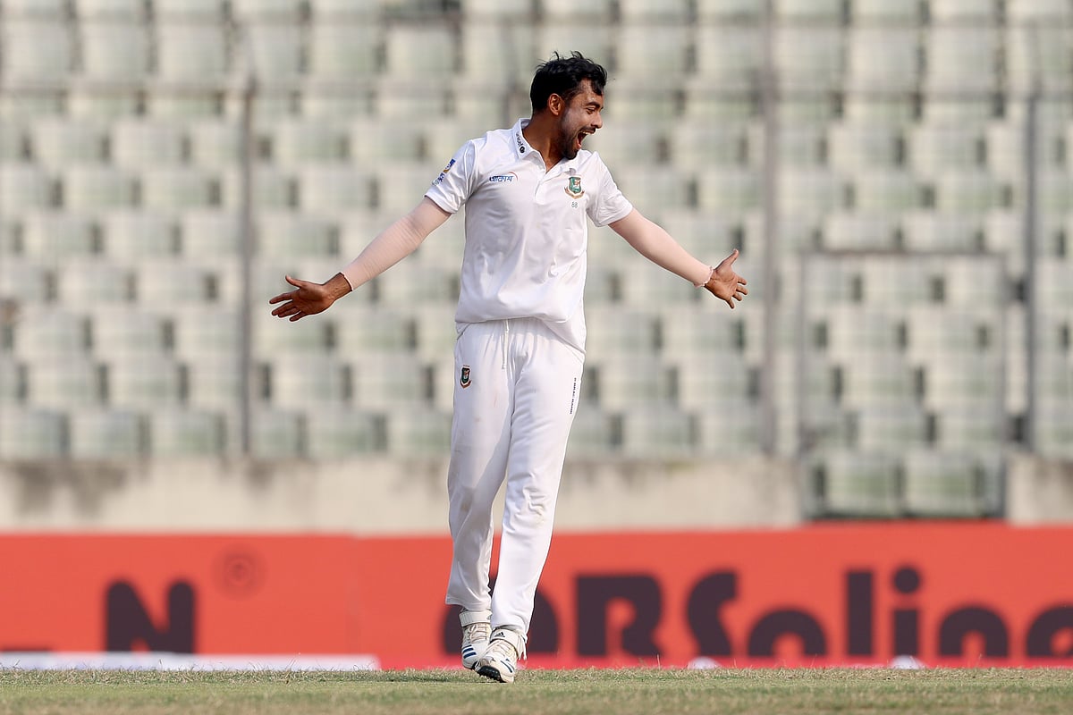 Bangladesh seamer Abu Jayed Rahi celebrates a wicket in first innings of only Test against visiting Zimbabwe at Sher-e-Bangla National Stadium in Dhaka on 23 February 2020. Photo: Prothom Alo