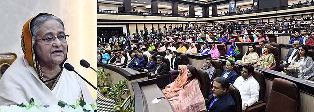 Prime minister Sheikh Hasina addresses the programme organised for the sworn in of two mayors and 172 councillors from the general wards and reserved women’s seats of two Dhaka city corporations at the Prime Minister’s Office, Dhaka on 27 February 2020. Photo: PID