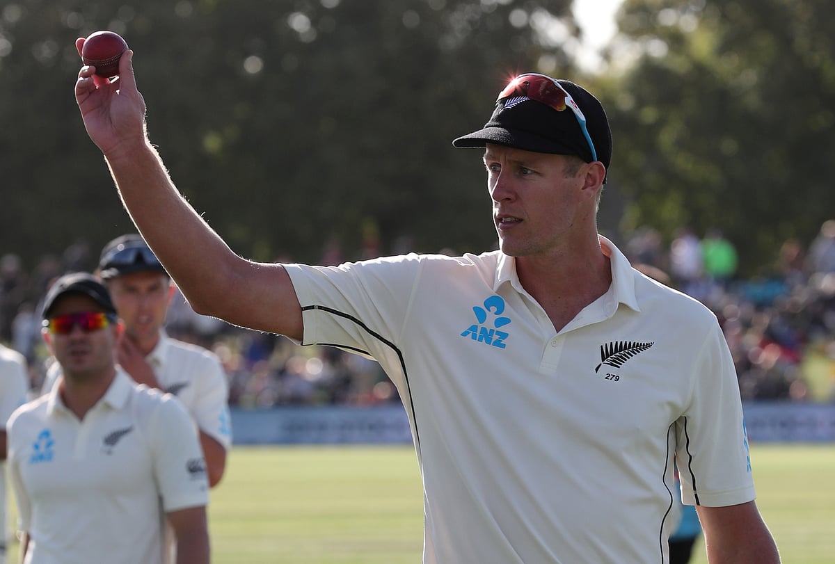 New Zealand's Kyle Jamieson acknowledges the crowd after taking five consecutive wickets on day one of the second Test cricket match between New Zealand and India at the Hagley Oval in Christchurch on 29 February 2020.