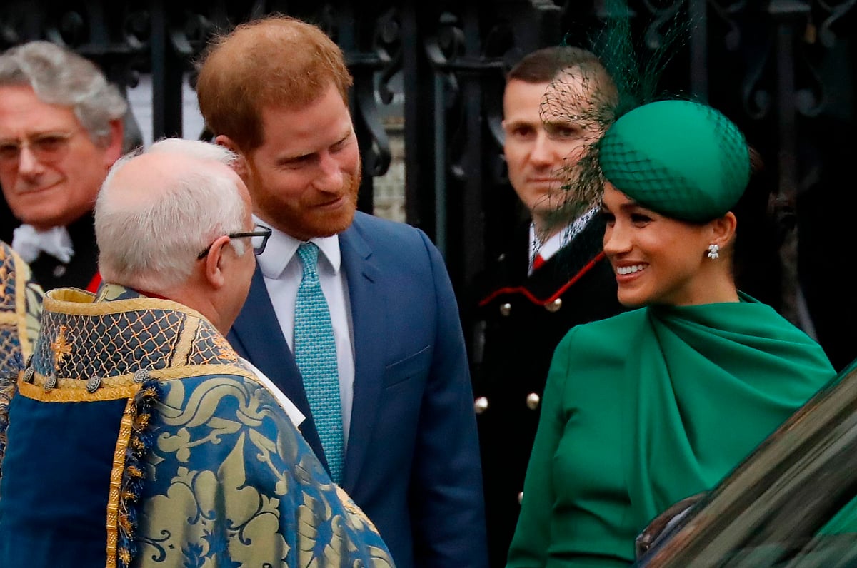 Britain's Prince Harry, Duke of Sussex (C) and Britain's Meghan, Duchess of Sussex (1st-R) leave after attending the annual Commonwealth Service at Westminster Abbey in London, 9 March 2020.