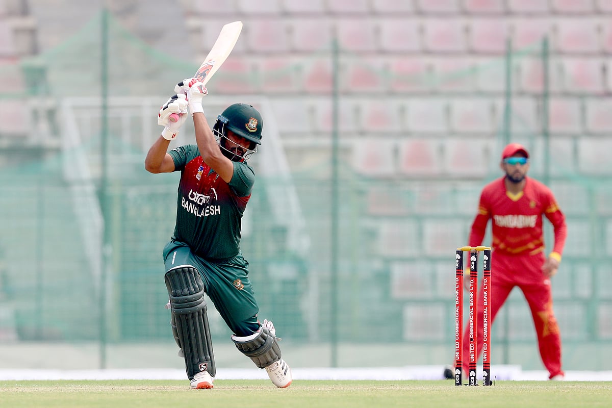 Tamim Iqbal plays a shot against Zimbabwe in second ODI. Photo: Shamsul Haque