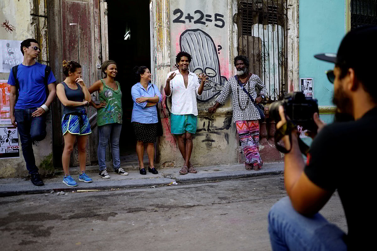 Luis Manuel Otero Alcantara (2nd R), organiser of the "00Biennial", speaks during its opening in Havana, Cuba, 5 May, 2018.