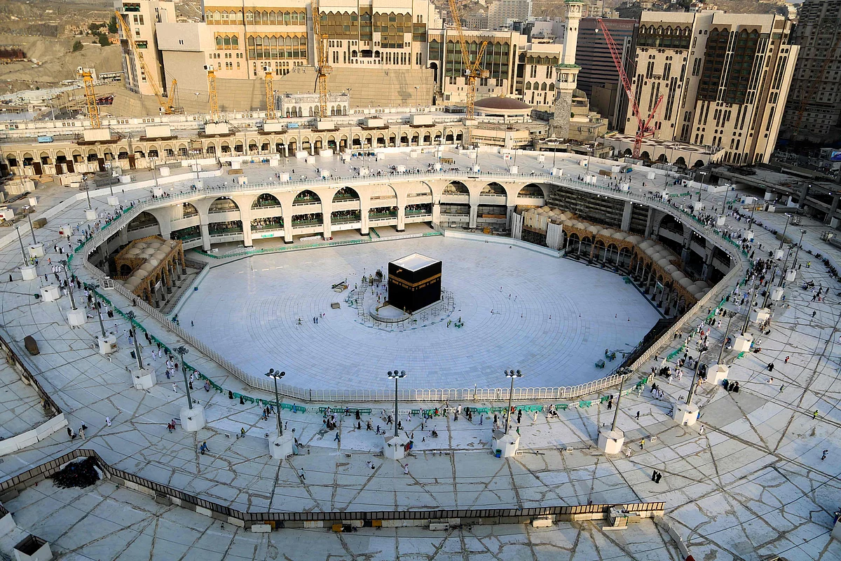 A photograph taken on 5 March 2020 shows the white-tiled area surrounding the Kaaba, inside Mecca's Grand Mosque.