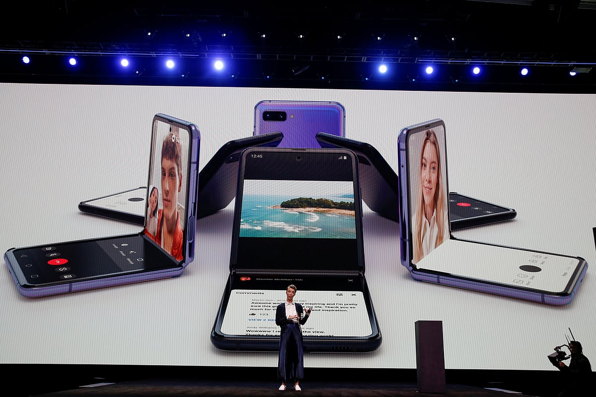 Rebecca Hirst of Samsung Electronics unveils the Z Flip foldable smartphone in San Francisco.