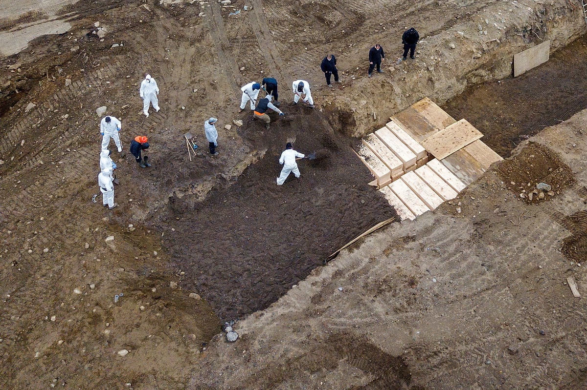 Drone pictures show bodies being buried on New York's Hart Island where the department of corrections is dealing with more burials overall, amid the coronavirus disease (COVID-19) outbreak in New York City, US, on 9 April, 2020