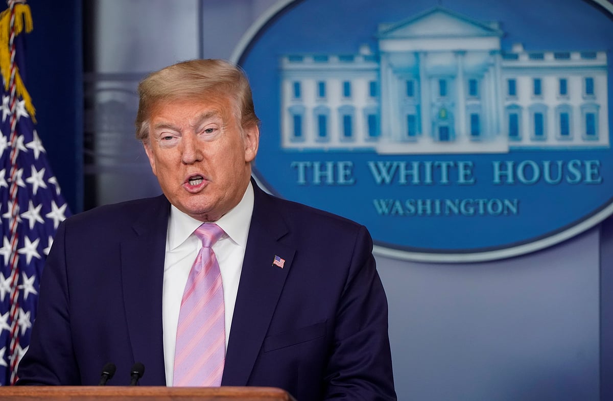 US president Donald Trump leads the daily coronavirus response briefing at the White House in Washingt on 4 April.