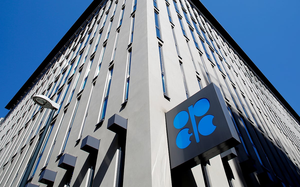 The logo of the Organization of the Petroleoum Exporting Countries (OPEC) is seen outside of OPEC's headquarters in Vienna, Austria 9 April 2020.
