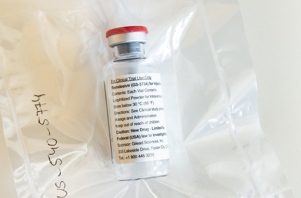 This file photo taken on 8 April 2020 shows one vial of the drug Remdesivir during a press conference in Hamburg, northern Germany.