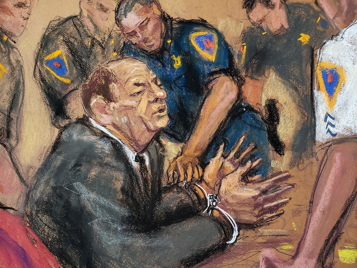 Film producer Harvey Weinstein is handcuffed after his guilty verdict in his sexual assault trial in the Manhattan borough of New York City, New York, US, 24 February 2020 in this courtroom sketch.