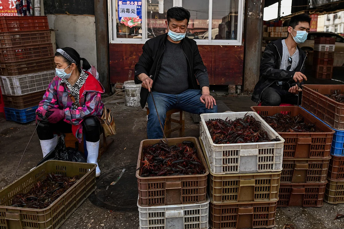 This photo taken on 15 April 2020 shows vendors wearing face masks as they offer prawns for sale at the Wuhan Baishazhou Market in Wuhan in China's central Hubei province.
