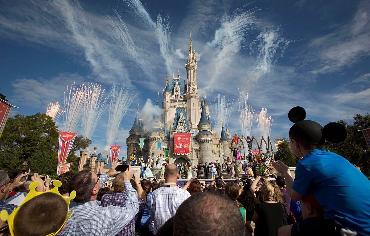 Fireworks go off around Cinderella's castle during the grand opening ceremony for Walt Disney World's new Fantasyland in Lake Buena Vista, Florida on 6 December 2012.