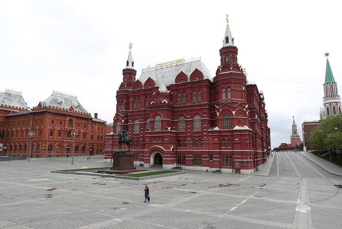 A general view shows the State Historical Museum and the Kremlin wall as the outbreak of the coronavirus disease (COVID-19) continues in Moscow, Russia on 6 May 2020