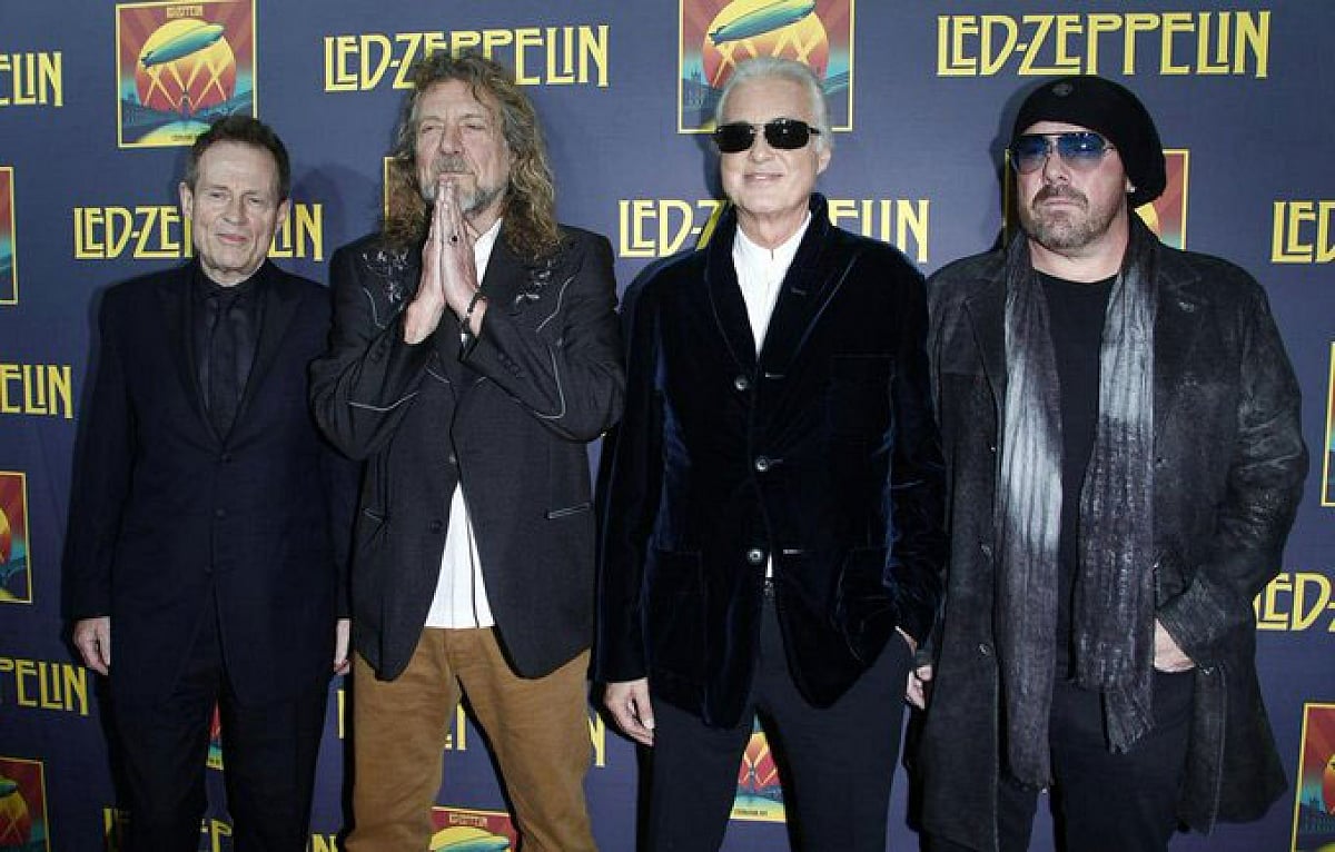Members of British rock band Led Zeppelin (L-R) bass player John Paul Jones, Robert Plant, Jimmy Page and  Jason Bonham, arrive for the premiere of their film 'Celebration Day', in New York on 9 October, 2012.
