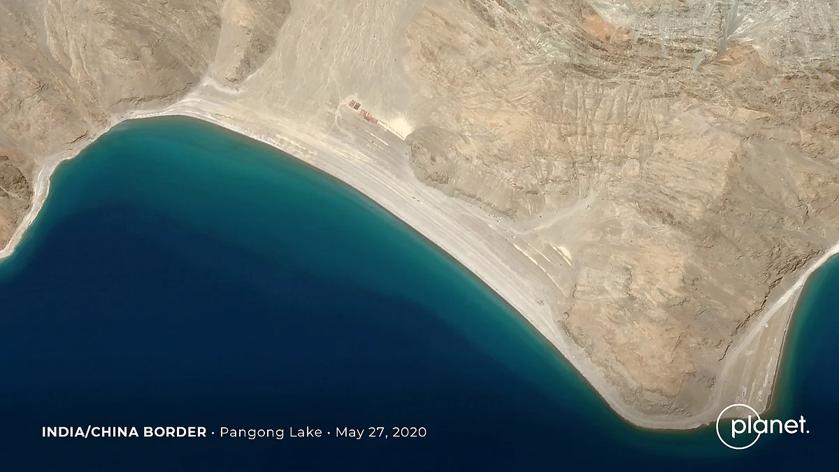 Build up at the Line of Actual Control on the disputed border between China and India is seen in this handout satellite image of Pangong Lake courtesy of Planet Labs taken 27 May 2020.