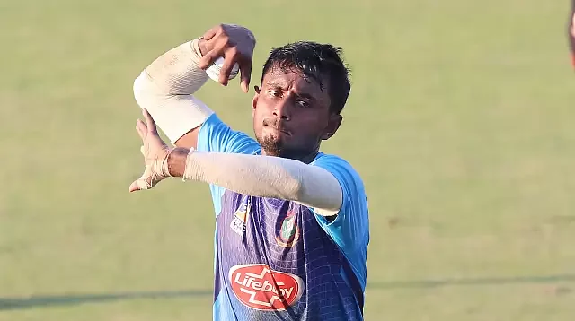 Leg spinner Aminul Islam Biplob bowls in net session at Zahur Ahmed Chowdhury stadium, Chattogram