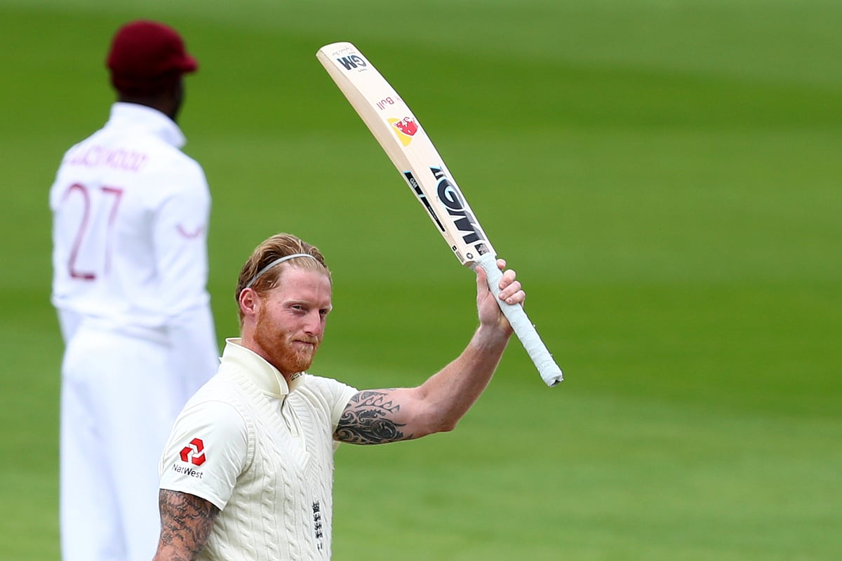 England's Ben Stokes celebrates his century in second Test  against West Indies at Emirates Old Trafford, Manchester, Britain on 17 July 2020