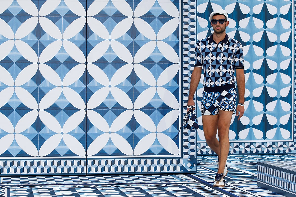 A model presents a creation from the Dolce & Gabbana Spring/Summer 2021 men's collection in Rozzano, south of Milan, Italy, 15 July 2020.