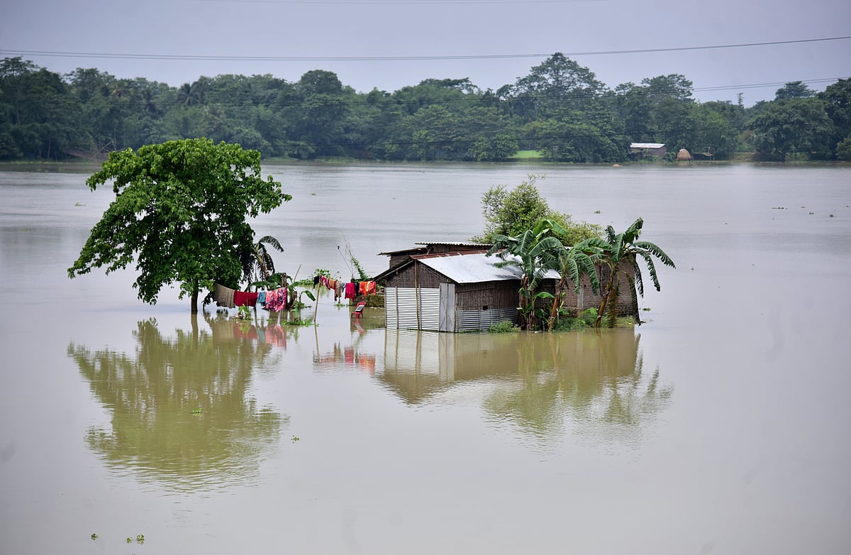 A partially submerged house is seen at the flood-affected Mayong village in Morigaon district, in the northeastern state of Assam, India, 29 June 2020.