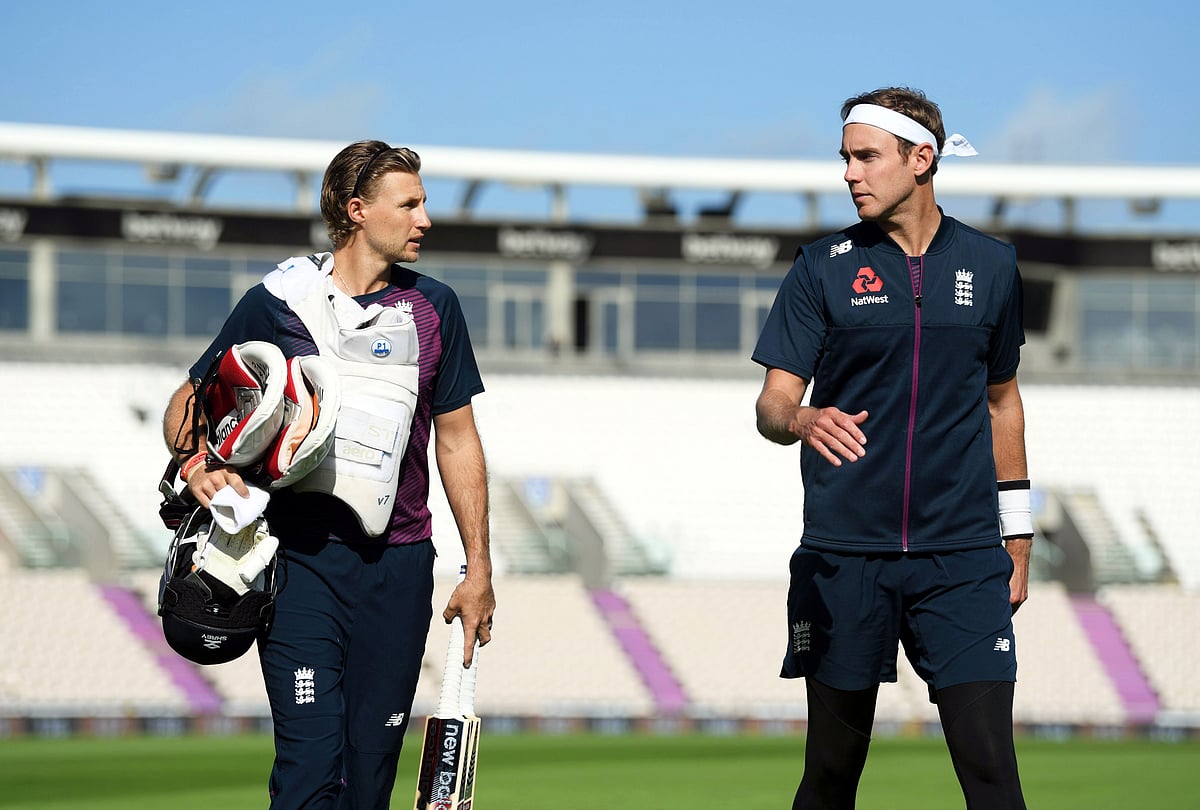 England's Joe Root and Stuart Broad during nets at Ageas Bowl, Southampton, Britain on 20 August 2020