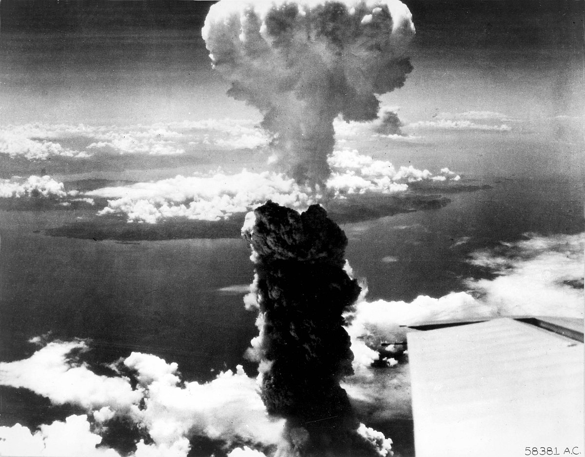Smoke rises more than 60,000 feet into the air over Nagasaki, Japan, from an atomic bomb, the second ever used in warfare, dropped from a B-29 Superfortress bomber on 9 August 1945