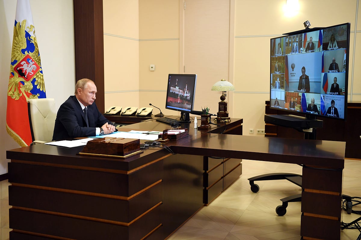 Russian president Vladimir Putin chairs a meeting with members of the government via video link at the Novo-Ogaryovo state residence outside Moscow, Russia on 11 August 2020