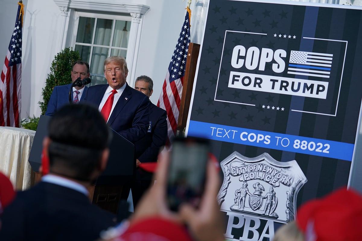 US president Donald Trump delivers remarks to the City of New York Police Benevolent Association at Trump National Golf Club in Bedminster, New Jersey, US, on 14 August 2020
