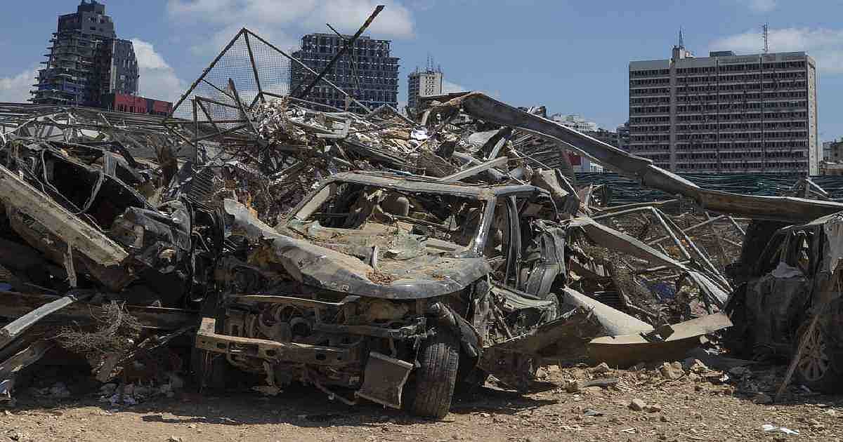 Damaged cars remain at the site of the 4 August deadly blast in the port of Beirut that killed scores and wounded thousands, in Beirut, Lebanon.