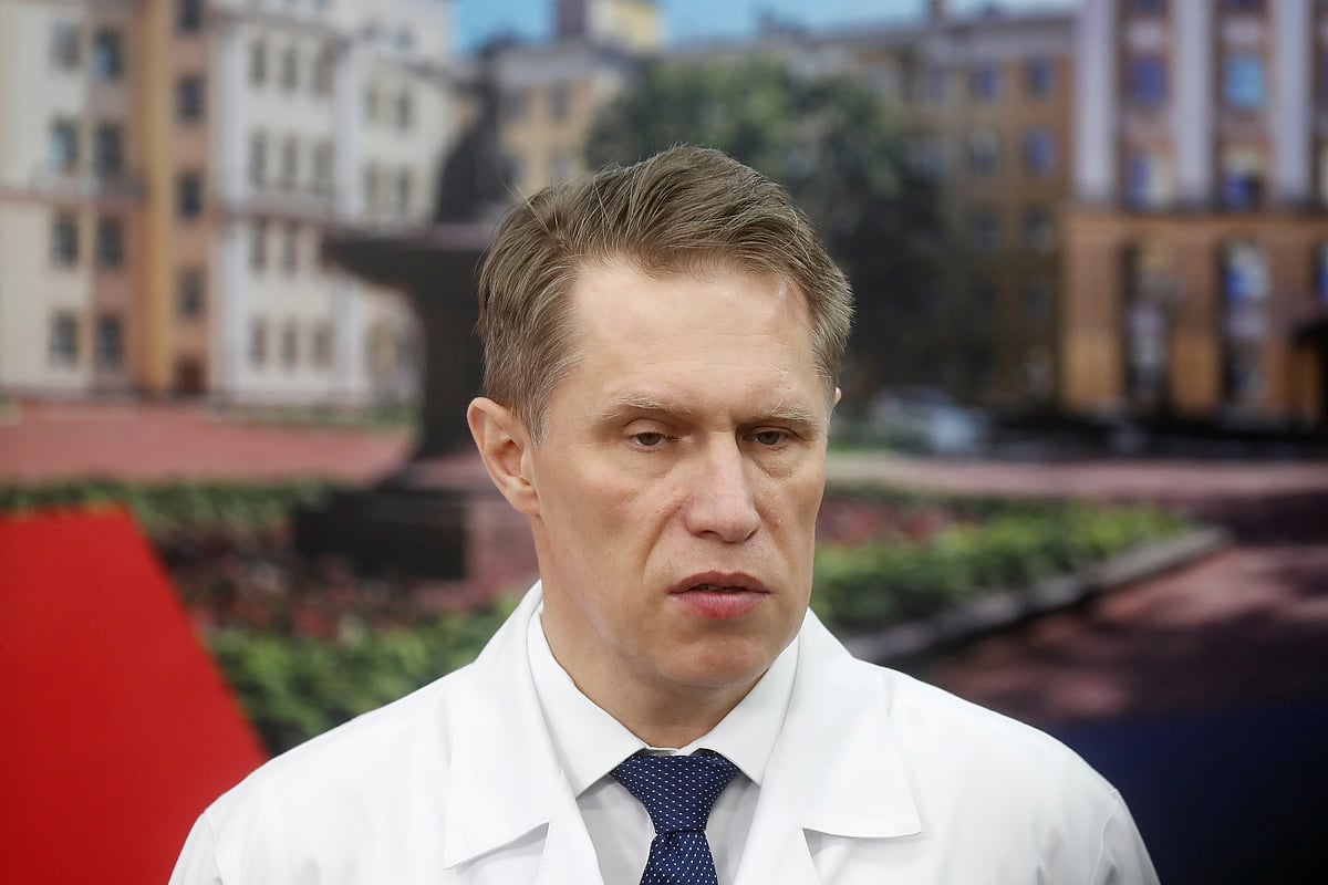 Russian health minister Mikhail Murashko speaks during a demonstration prior to the opening of a new section for treatment of patients, affected by the coronavirus disease (COVID-19), at NI Pirogov National Medical and Surgical Centre in Moscow, Russia, 3 April 2020.