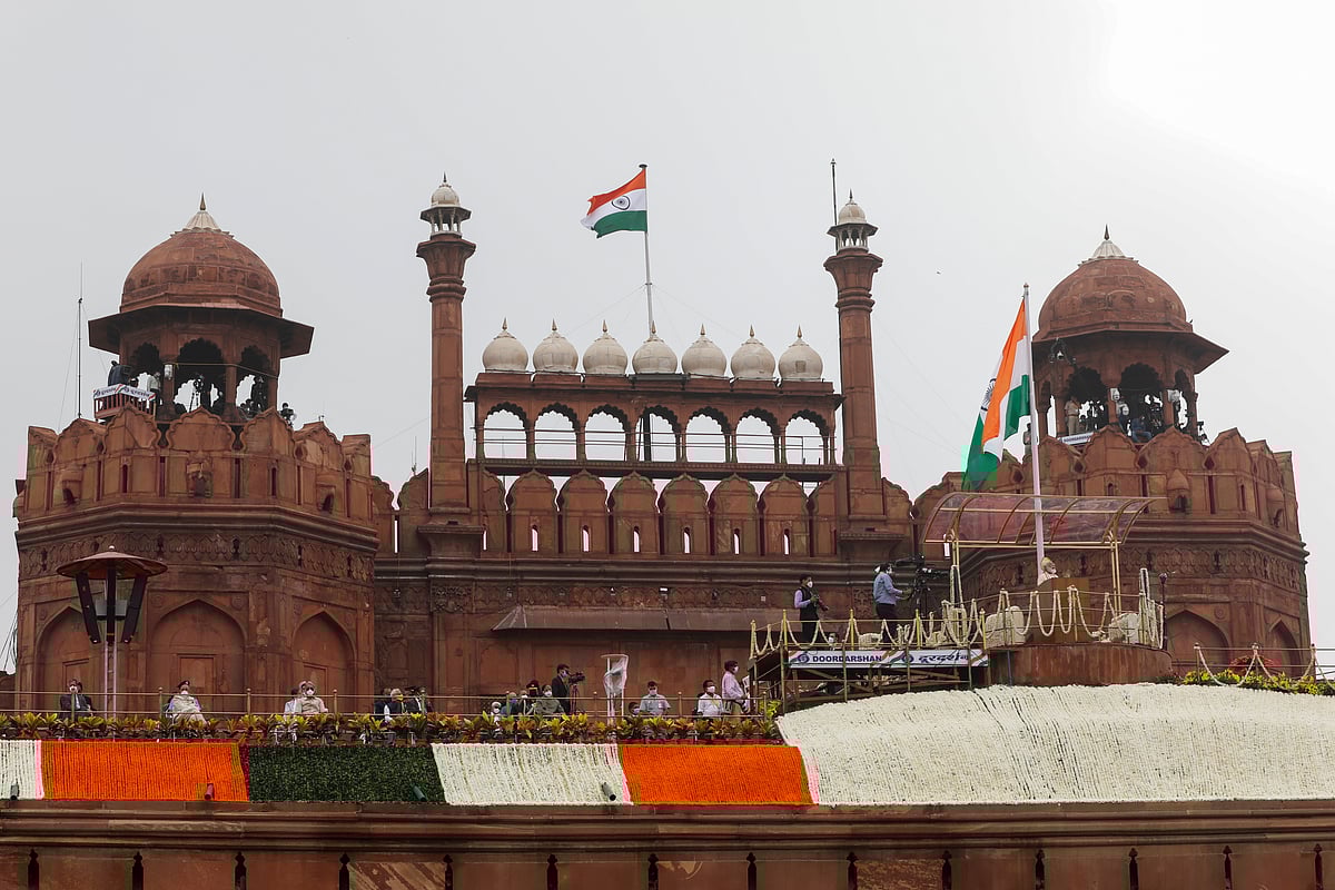 Indian prime minister Narendra Modi addresses the nation during Independence Day celebrations at the historic Red Fort in Delhi, India,  15 August, 2020.