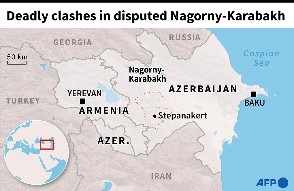 Map of Azerbaijan and Armenia locating Azerbaijan's breakaway region of Nagorny Karabakh.