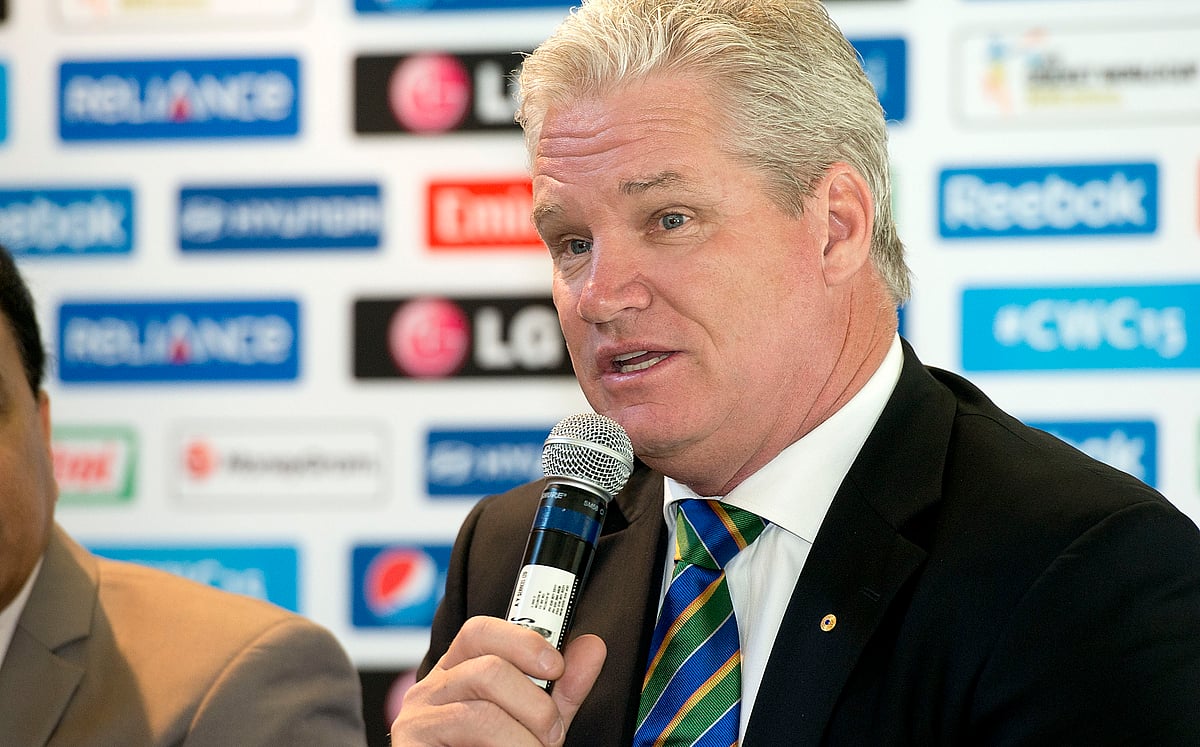 In this file photo taken on 14 February 2014, former Australian cricketer Dean Jones speaks to media and guests during a press event celebrating one year to go till the start of the 2015 Cricket World Cup in New Zealand and Australia in Wellington at the Basin Reserve