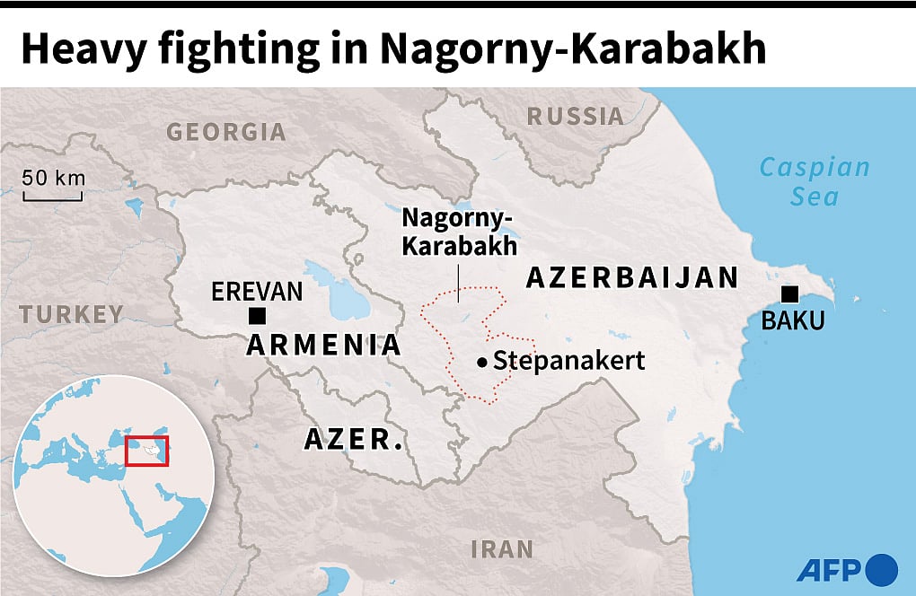 Map of Azerbaijan and Armenia locating Azerbaijan's breakaway region of Nagorny Karabakh