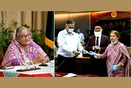 Prime minister Sheikh Hasina attended a donation handover ceremony through a video conference from her official Ganabhaban residence on Sunday.