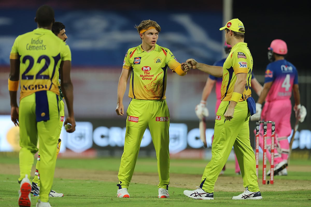 Sam Curran picks up Steve Smith who looks to hit over mid-wicket, but it finds Jadhav there who makes no mistakes in a IPL match between Chennai Super Kings and Rajasthan Royals on 22 September 2020